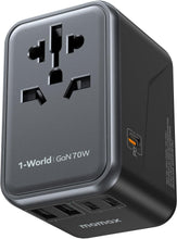 Cargar imagen en el visor de la galería, MOMAX Universal Travel Adapter, 70W GaN International Power Adapter, 3 USB-C & 2 USB-A, Worldwide Travel Plug Adapter, International Power Adapter for Most Europe, USA, Japan, Australia (Type C/A/G/I)