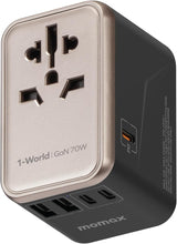 Cargar imagen en el visor de la galería, MOMAX Universal Travel Adapter, 70W GaN International Power Adapter, 3 USB-C & 2 USB-A, Worldwide Travel Plug Adapter, International Power Adapter for Most Europe, USA, Japan, Australia (Type C/A/G/I)