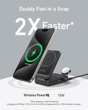 Cargar imagen en el visor de la galería, Anker MagGo 3-in-1 Charging Station, Qi2 Certified 15W MagSafe-Compatible Wireless Charger Stand, Apple Watch Charger for MagSafe, For iPhone 15/14, AirPods, Apple Watch 9 (40W USB-C Charger Included)