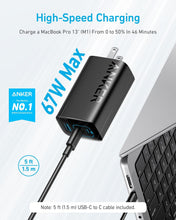 Cargar imagen en el visor de la galería, Anker Cargador USB C de 67 W, 3 puertos PIQ 3.0 compacto y plegable cargador rápido para MacBook Pro, iPad, Galaxy, Pixel, iPhone y más (cable USB C a USB C de 5 pies incluido)