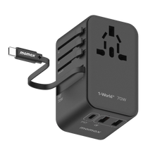 Cargar imagen en el visor de la galería, Momax 1-World+ 70W GaN 3-Port + AC Travel Adapter with Built-in USB-C Cable