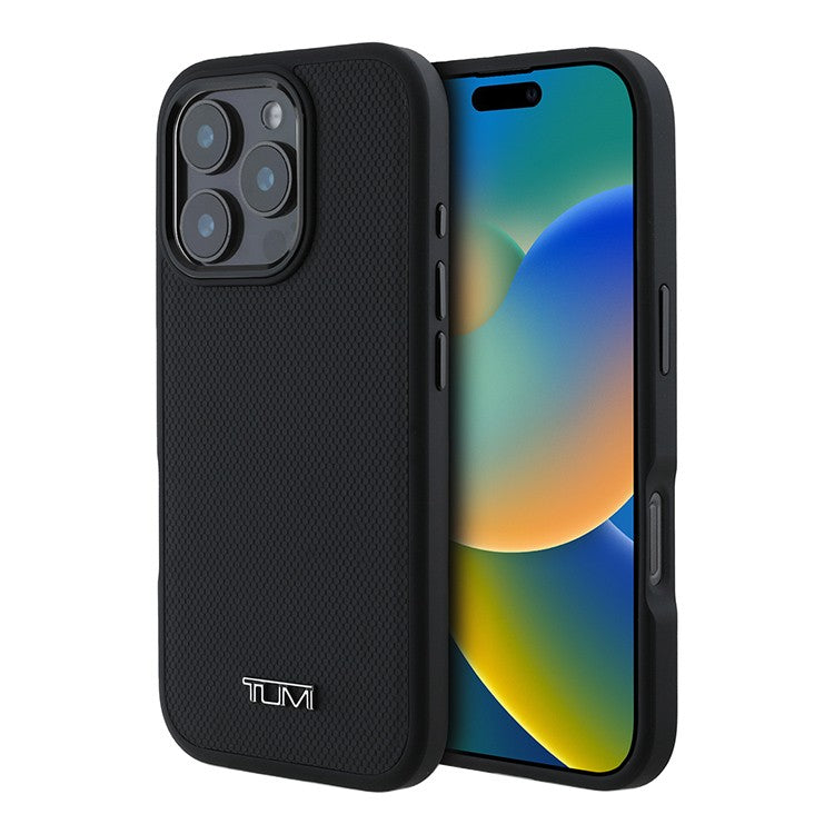 IPHONE 16 PRO MAX - LEATHER BLACK HARD CASE MAGSAFE COMPATIBLE BALISTIC PATTERN DESIGN - TUMI