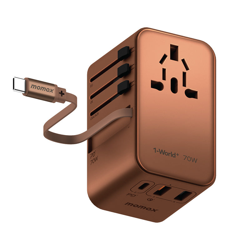 Momax 1-World+ 70W GaN 3-Port + AC Travel Adapter with Built-in USB-C Cable