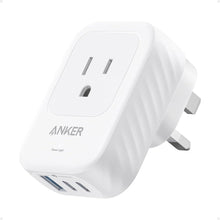 Cargar imagen en el visor de la galería, Adaptador de enchufe internacional de Estados Unidos a Reino Unido, adaptador de viaje Anker de 15 W máximo con 2 CA, 2 USB-C y 1 puerto USB-A
