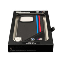Cargar imagen en el visor de la galería, IPHONE 16 PRO MAX - PU LEATHER BLACK HARD CASE MAGSAFE COMPATIBLE MESHED DESIGN WITH TRICOLOR STRIPES AND METAL LOGO - BMW
