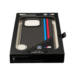 IPHONE 16 PRO MAX - PU LEATHER BLACK HARD CASE MAGSAFE COMPATIBLE MESHED DESIGN WITH TRICOLOR STRIPES AND METAL LOGO - BMW