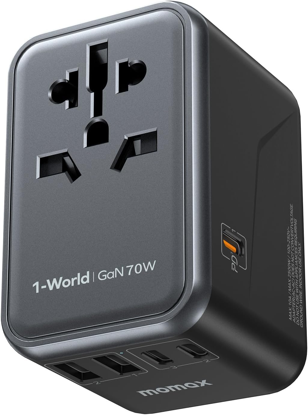 MOMAX Universal Travel Adapter, 70W GaN International Power Adapter, 3 USB-C & 2 USB-A, Worldwide Travel Plug Adapter, International Power Adapter for Most Europe, USA, Japan, Australia (Type C/A/G/I)