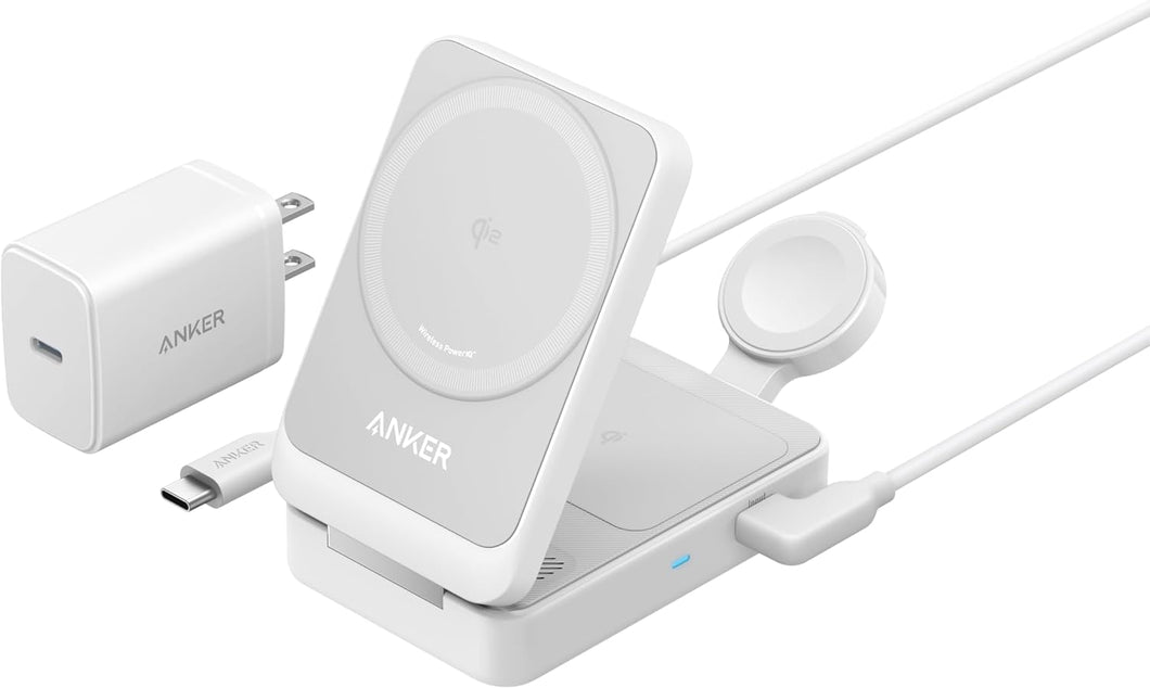 Anker MagGo 3-in-1 Charging Station, Qi2 Certified 15W MagSafe-Compatible Wireless Charger Stand, Apple Watch Charger for MagSafe, For iPhone 15/14, AirPods, Apple Watch 9 (40W USB-C Charger Included)
