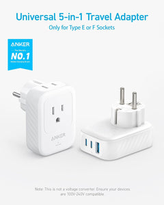 Adaptador de enchufe de viaje Anker de 15 W máximo con 2 CA, 2 USB-C y 1 puerto USB-A