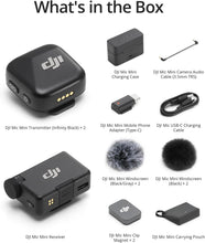 Cargar imagen en el visor de la galería, DJI Mic Mini (2 TX + 1 RX + Charging Case), Wireless Lavalier Microphone for iPhone/Camera/Android, Ultralight, Detail-Rich Audio, 48h Use, Noise Cancelling, Automatic Limiting, Vlog, Streaming
