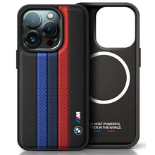 Cargar imagen en el visor de la galería, BMW - IPHONE 16 PRO MAX - PU LEATHER BLACK HARD CASE MAGSAFE COMPATIBLE PERFORATED DESIGN WITH TRICOLOR PRINTED STRIPES
