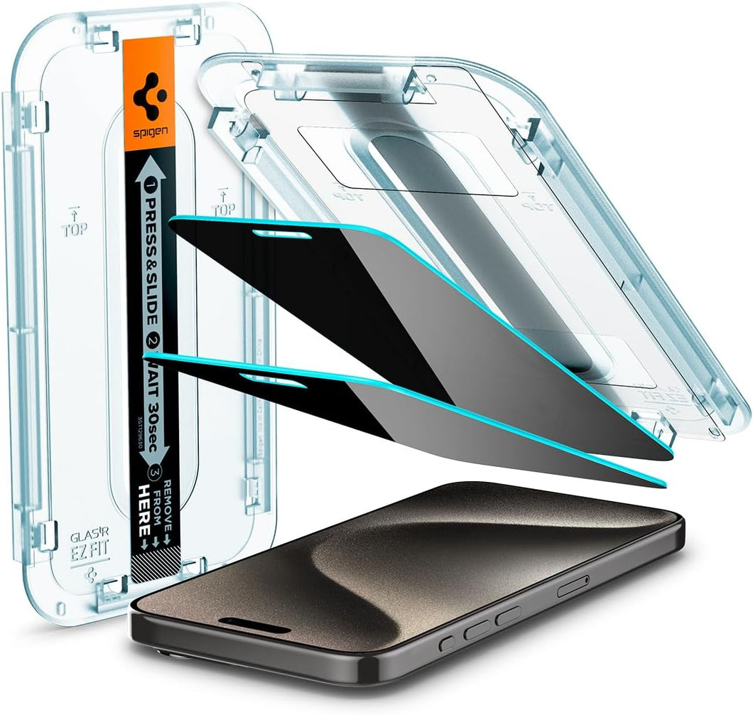 iPhone 15 Pro Max Privacy Spigen Tempered Glass Screen Protector [GlasTR EZ FIT - Privacy] Pack of 2