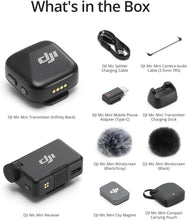 Cargar imagen en el visor de la galería, DJI Mic Mini (1 TX + 1 RX), Wireless Lavalier Microphone for iPhone/Camera/Android, Ultralight, Detail-Rich Audio, Noise Cancelling, Automatic Limiting, Vlog, Streaming, 400m Transmission
