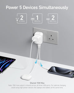 Adaptador de enchufe internacional de Estados Unidos a Reino Unido, adaptador de viaje Anker de 15 W máximo con 2 CA, 2 USB-C y 1 puerto USB-A