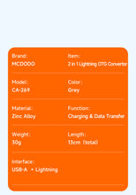 Cargar imagen en el visor de la galería, Mcdodo-2 in 1 OTG USB3.0 to Lightning Convertor (OTG+ Lightning) CA-2690
