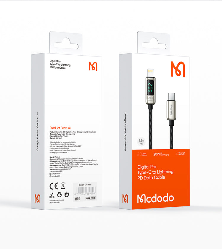 Mcdodo- Digital Display 36W Type-C to Lightning Data Cable 1.2m CA-8810