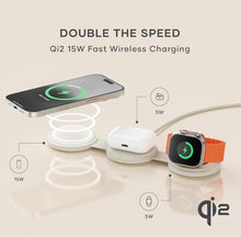 Cargar imagen en el visor de la galería, Satechi OntheGo™ Cargador inalámbrico 3 en 1, cargador portátil Qi2 con carga rápida de 15 W para iPhone, 5 W para Apple Watch y 5 W para AirPods, estación de carga magnética de viaje
