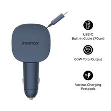 Cargar imagen en el visor de la galería, Momax 1-Move⁺ 2-Port Car Charger With Built-In Retractable Cable 60W
