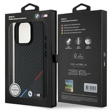 Cargar imagen en el visor de la galería, IPHONE 16 PRO MAX - PU LEATHER BLACK HARD CASE MAGSAFE COMPATIBLE CARBON DESIGN WITH TRICOLOR LINES WITH LOGO - BMW

