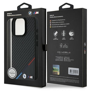 IPHONE 16 PRO MAX - PU LEATHER BLACK HARD CASE MAGSAFE COMPATIBLE CARBON DESIGN WITH TRICOLOR LINES WITH LOGO - BMW