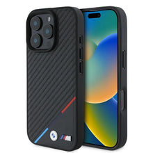 Cargar imagen en el visor de la galería, IPHONE 16 PRO MAX - PU LEATHER BLACK HARD CASE MAGSAFE COMPATIBLE CARBON DESIGN WITH TRICOLOR LINES WITH LOGO - BMW
