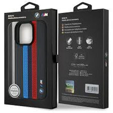 Cargar imagen en el visor de la galería, BMW - IPHONE 16 PRO - PU LEATHER BLACK HARD CASE MAGSAFE COMPATIBLE PERFORATED DESIGN WITH TRICOLOR PRINTED STRIPES
