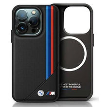 Cargar imagen en el visor de la galería, IPHONE 16 PRO MAX - PU LEATHER BLACK HARD CASE MAGSAFE COMPATIBLE MESHED DESIGN WITH TRICOLOR STRIPES AND METAL LOGO - BMW
