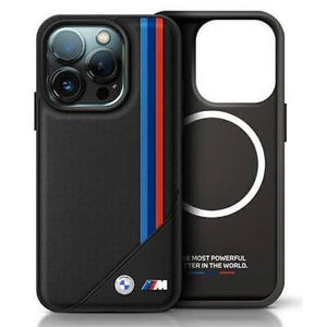 IPHONE 16 PRO MAX - PU LEATHER BLACK HARD CASE MAGSAFE COMPATIBLE MESHED DESIGN WITH TRICOLOR STRIPES AND METAL LOGO - BMW