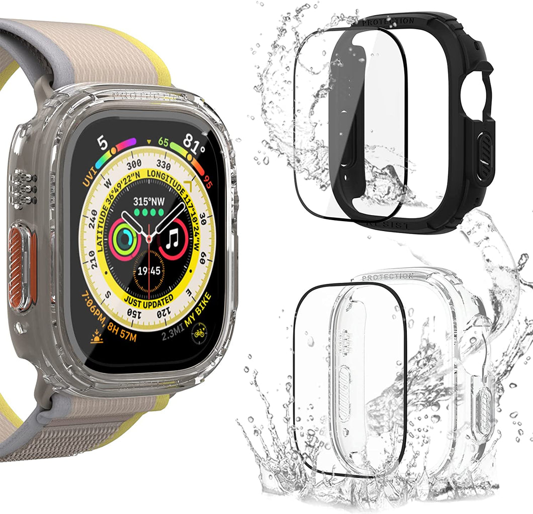 2 Pack Hard PC Case and Tempered Glass Screen Protector Compatible with Apple Watch Ultra 49mm